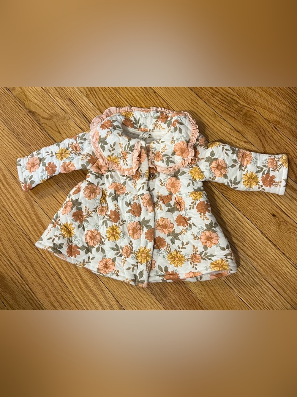 Floral Ruffled Collar Baby Coat - Peach, Rust & Yellow